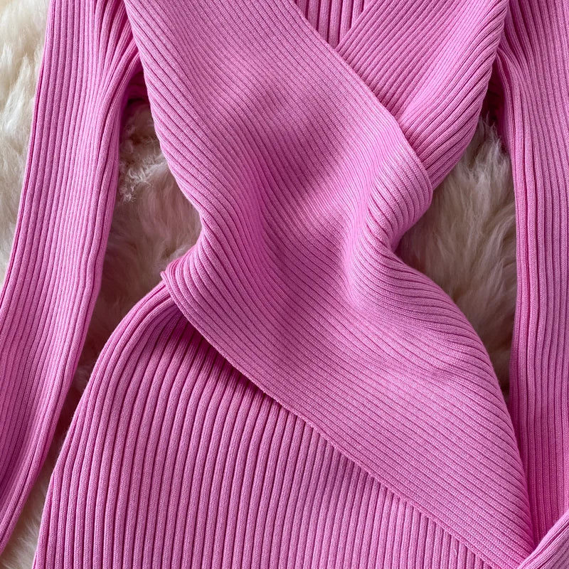 YuooMuoo Autumn Winter 2025 Women Dress Elegant Cross V-neck Slim Waist Knitted Bodycon Dress Korean Office Lady Vestidos