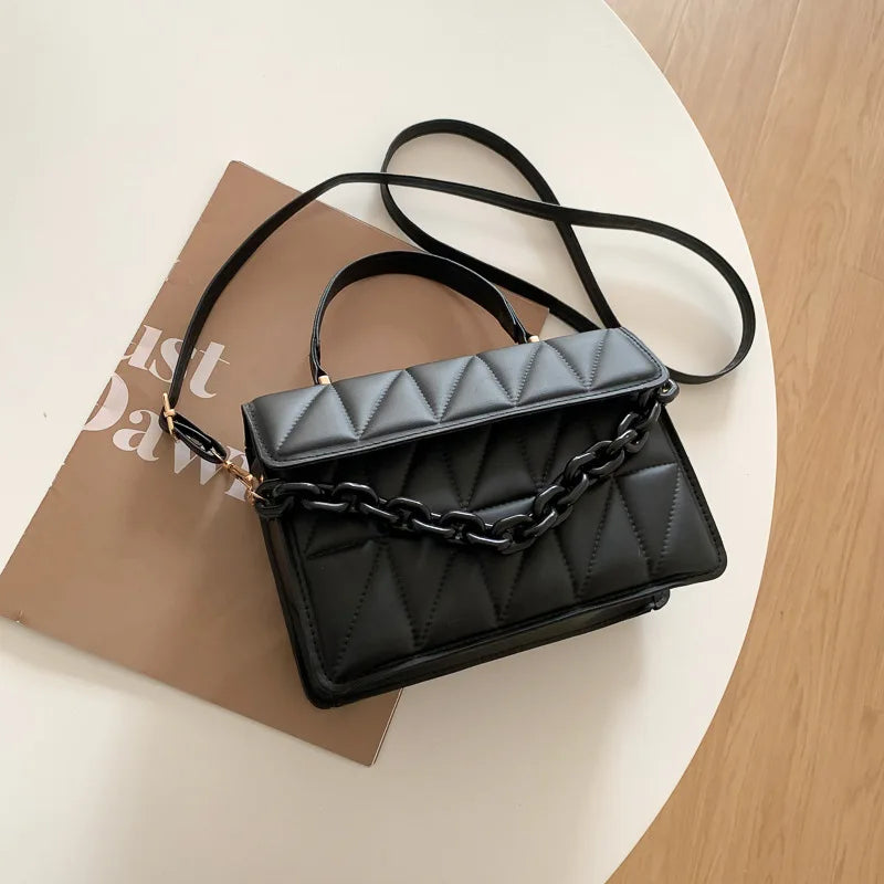 Solid Plaid Crossbody Bags For Women, Chain Decor Fashion Shoulder Bag Ladies Handbag For Daily Used