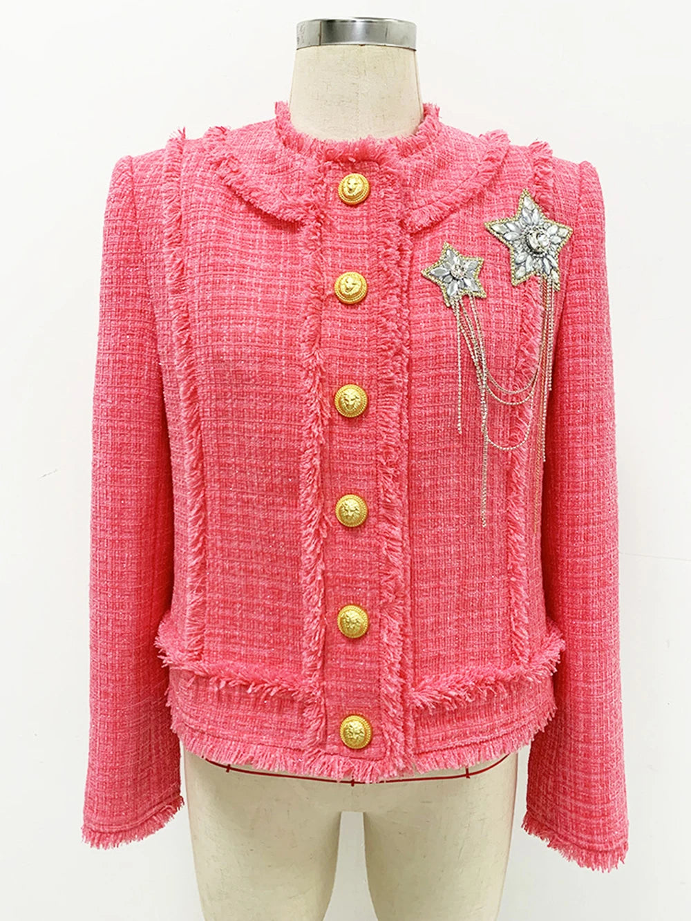 Modphy Winter Sweet Luxury Tweed Rose Pink Jackets Women Diamond Tassels Woollen Coats Elegant Straight Outerwear Tops Female