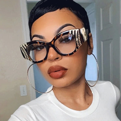 Vintage Anti-Blaulicht Cat-Eye-Brille Damen Für Frauen Luxusmarken-Designer Myopie-Sehhilfe Metallkette Große Fassung