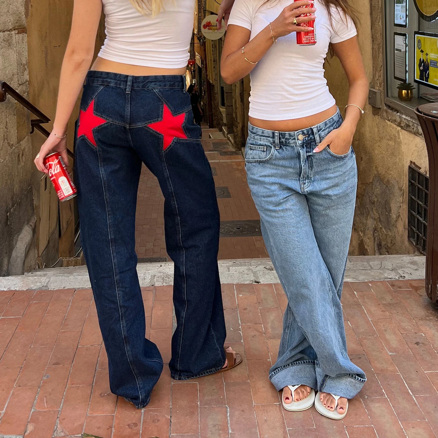 Combhasaki Damen Y2K Vintage Jeans Ästhetischer Sternmuster-Print Loose Straight Leg Denim Lange Hose Lässige Low Waist Hose