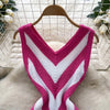 Joskaa 2025 Women's Striped Patchwork Knitted V-Neck Sleeveless Bodycon Asymmetric Fringe Hem Dress Holiday Beach Streetwear