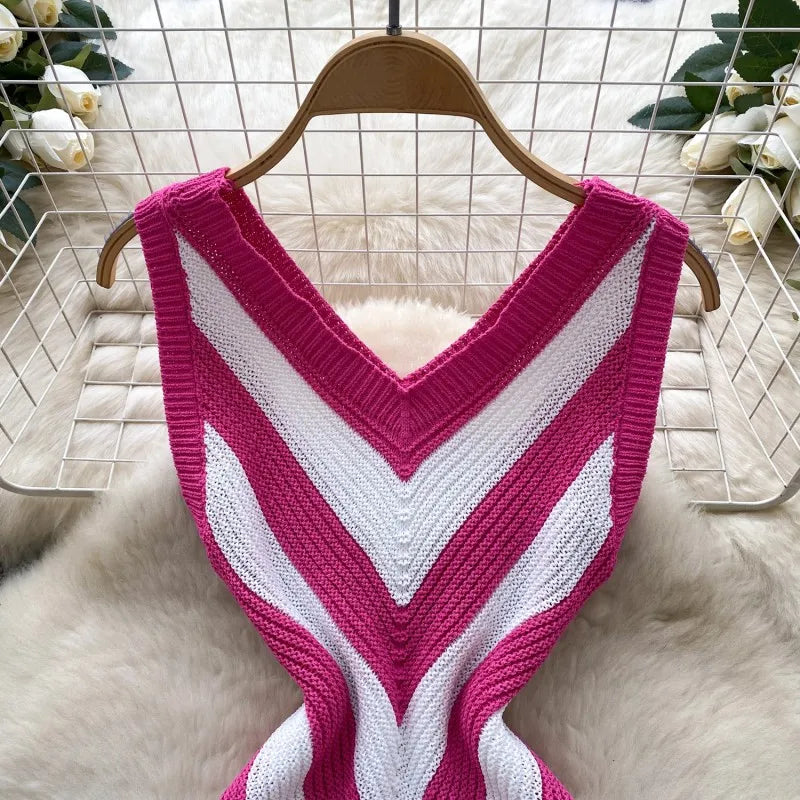 Joskaa 2025 Women's Striped Patchwork Knitted V-Neck Sleeveless Bodycon Asymmetric Fringe Hem Dress Holiday Beach Streetwear