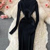 YuooMuoo Autumn Winter 2025 Women Dress Elegant Cross V-neck Slim Waist Knitted Bodycon Dress Korean Office Lady Vestidos