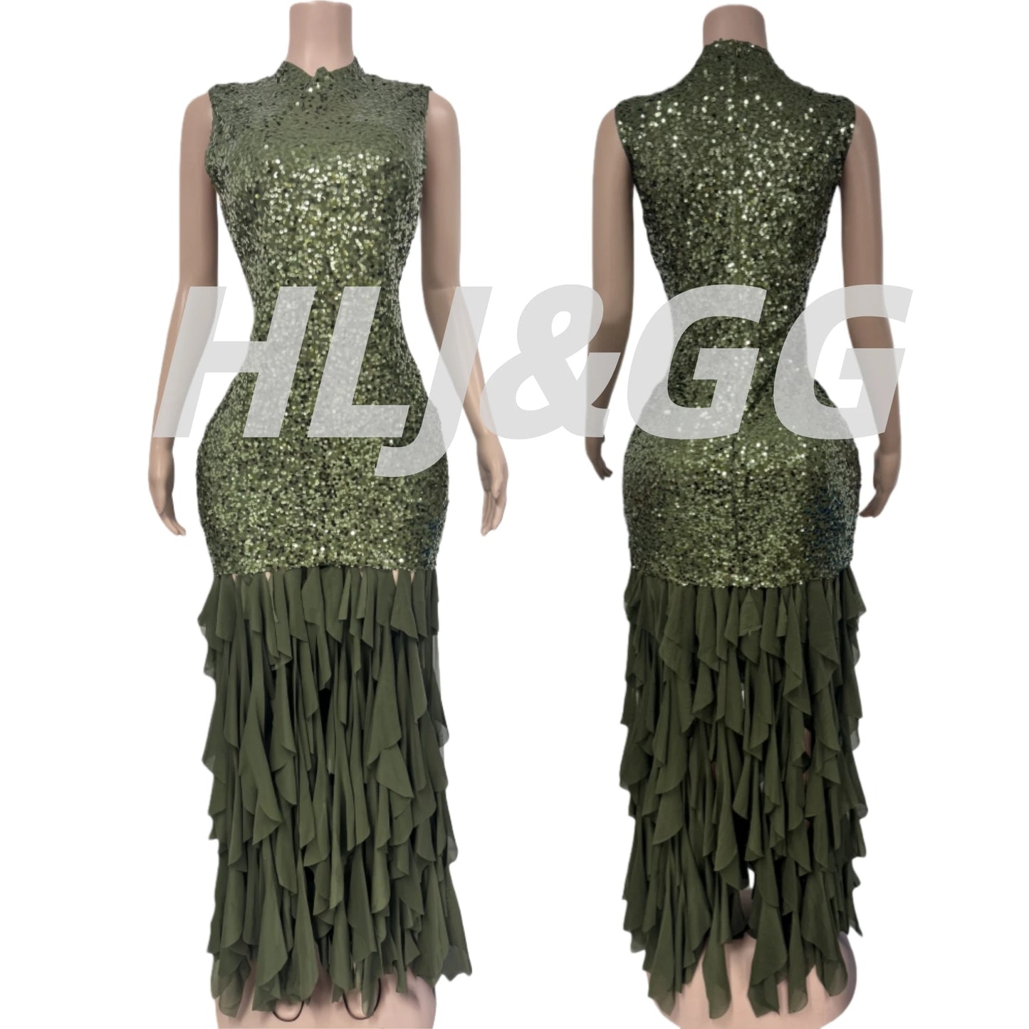 HLJ Sexy Sequin Patchwork Bodycon Dresses for Woman Mesh Shining Sleeveless Ruffle Dress Female Party Clubwear Vestidos 2025 New