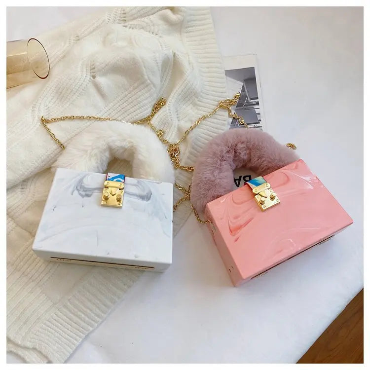 Faux Fur Top Handle Acrylic Party Box Clutch Fashion Purses and Handbags for Women Designer Evening Bag Chain Shoulder Bag