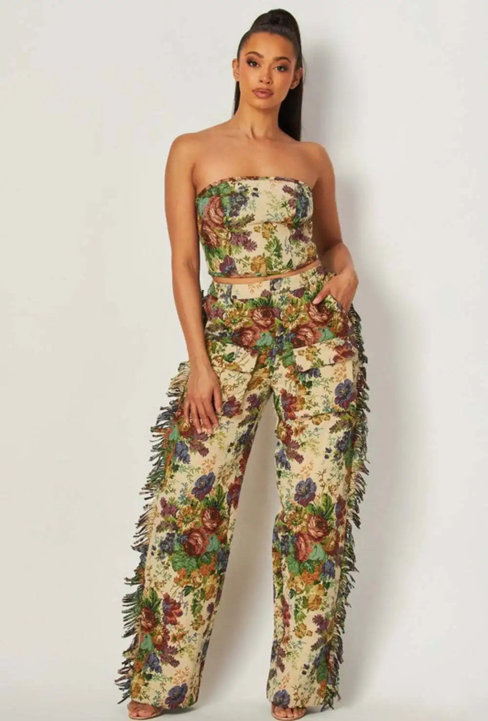 CM.YAYA Fashion Print Women's Set Strapless Top and Wide Leg tassel Pants Summer Cargo Street Two 2 Piece Set Outfit Tracksuit