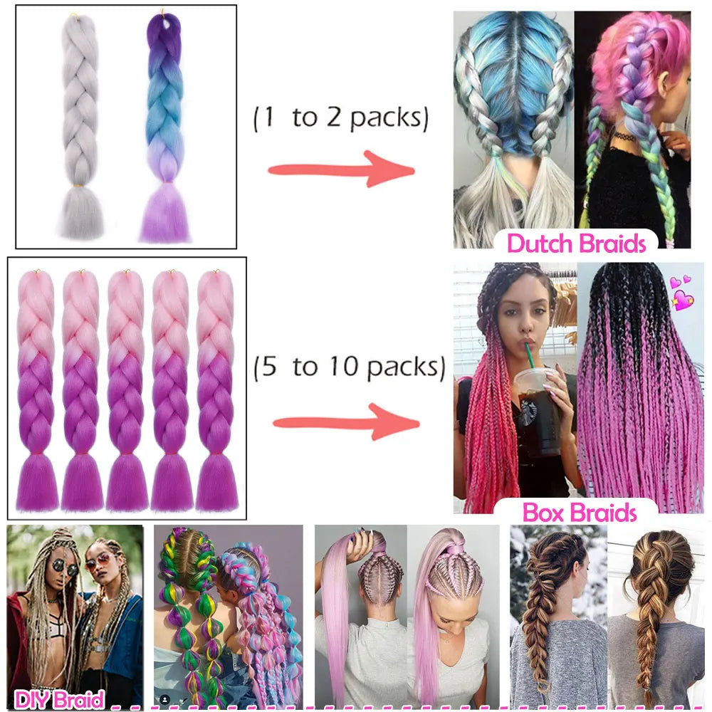 S-noilite Box Braiding Haar vorgedehnt Ombre Jumbo Braids Synthetisches Flechthaar Rot Pink Blau Grau 24 Zoll Haarverlängerungen