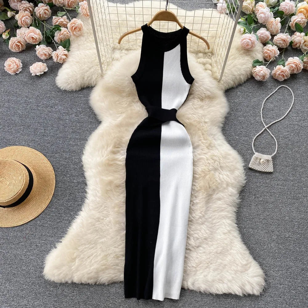 YuooMuoo Women Dress 2025 Summer Elegant Rib Knit Slim Waist Bandage Pencil Dress Office Lady Sleeveless Bodycon Sweater Dress
