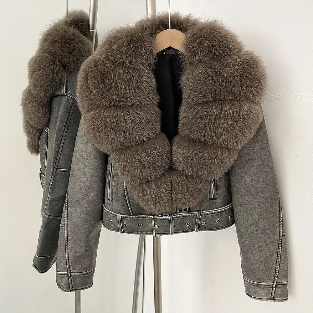 OFTBUY Natural Fox Fur Faux Leather Jacket Female New Autumn Short Top Clothing Women Long Sleeve Fake Leather Real Fur Coat