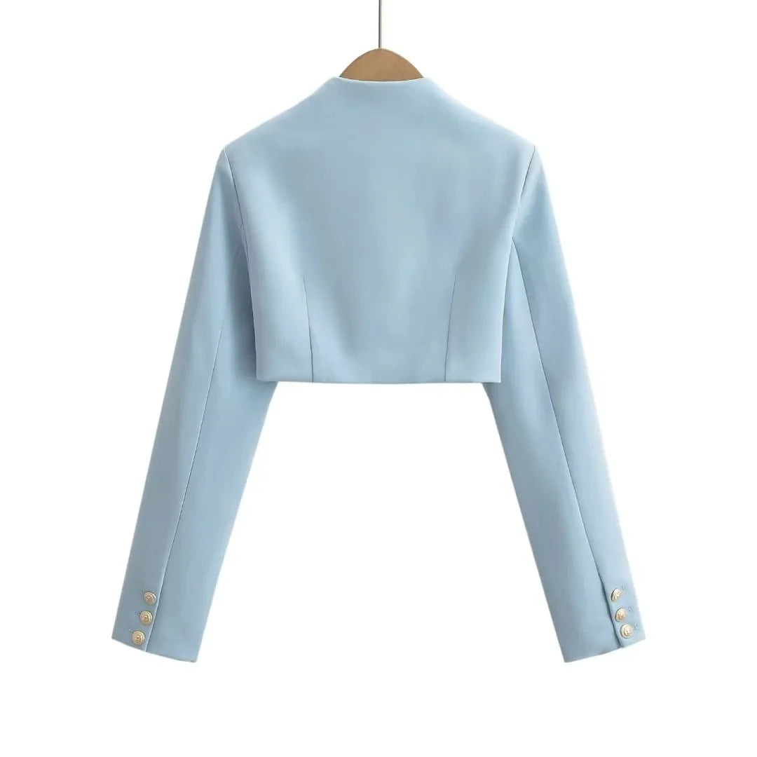 2023 Herbst V-Ausschnitt Offene Nähte Cropped Blazer Damen Langarm Kurze Anzüge Mode Oberbekleidung