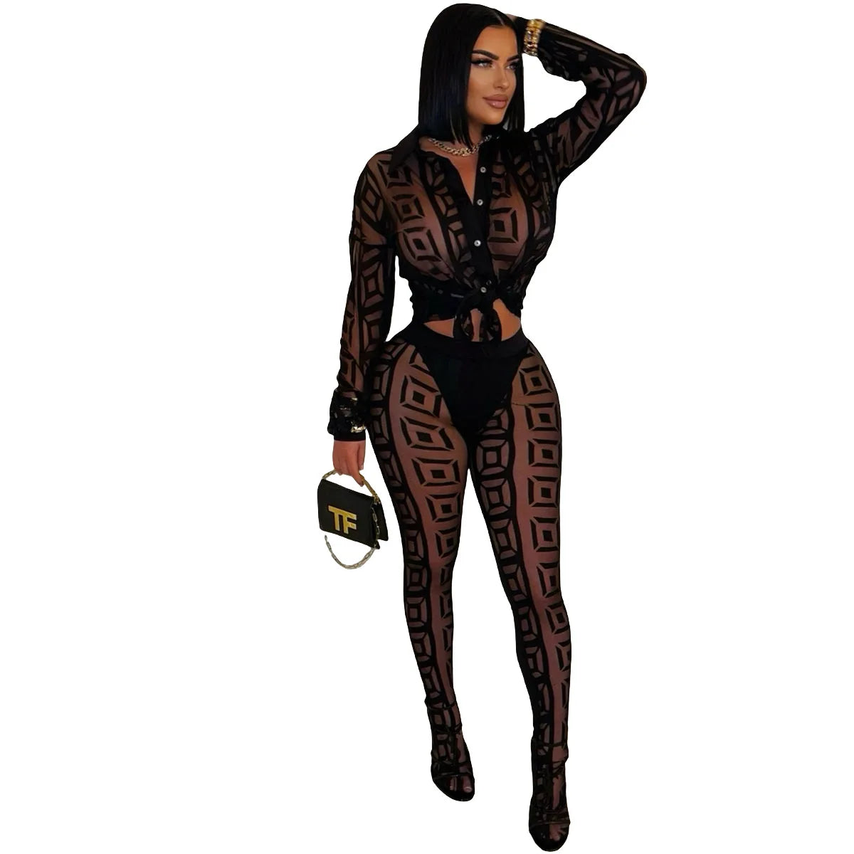 FAGADOER Sexy Mesh Damen 2-teiliges Set Outfit Durchsichtiges Langarm Crop Top + Skinny Hose Anzüge Weibliche Streetwear Kleidung Neu