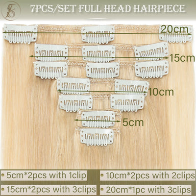 TESS 7-teiliges Set Echthaar-Clip-in-Extensions Natürliche Haarverlängerung 14"-24" Voller Kopf Blonde Echthaar-Clip-Ins Remy Haarstücke