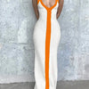 Sexy V-neck Contrast Color Off-shoulder Sleeveless Striped Wide Sling Split Hem Long Dress Temperament Party Club Casual Clothes