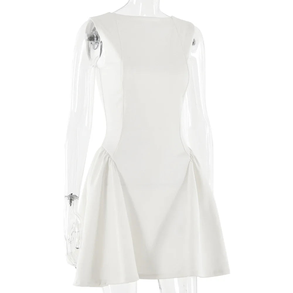 CM.YAYA Summer Women Sleeveless Elegant O-Neck Ruched A-Line Dress 2025 Beach Holiday Backless Night Club Party Dresses Vestidos