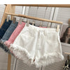 ITOOLIN Women Vintage Tassels Denim Shorts Button Loose High Waist A-line Jean Shorts Casual Women Office Trousers Streetwear