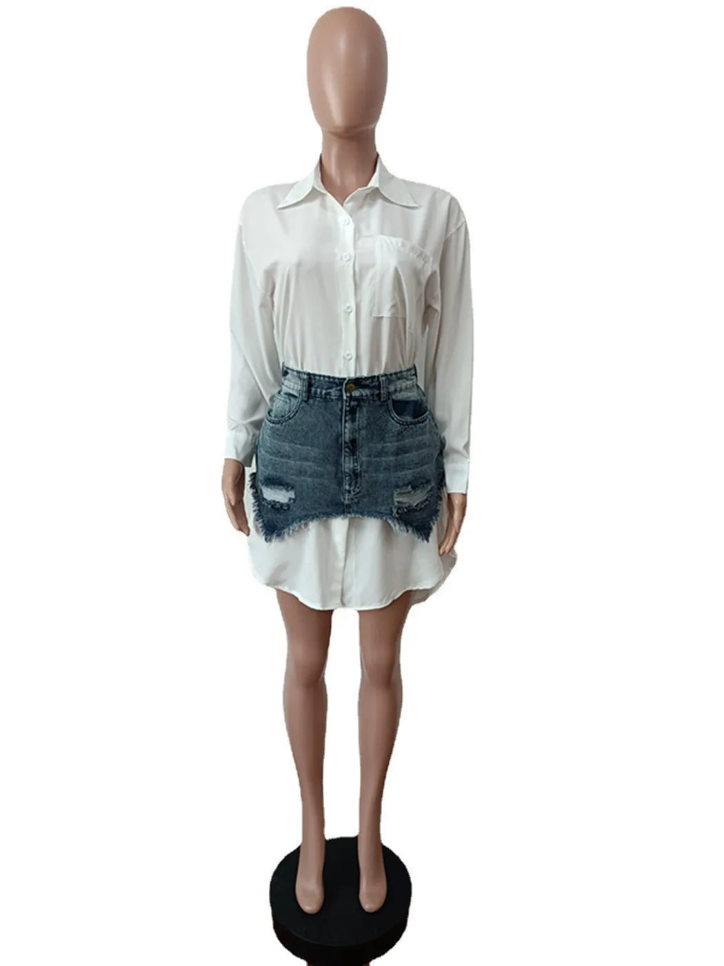 Denim 2 Piece Sets Women Shirt Skirt Suit Hole Single Breasted Turn Down Collar Pocket Splicing Outfits 2025 Skirts Ensemble