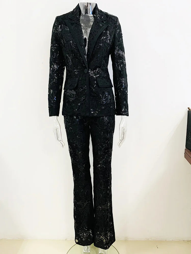 HIGH STREET Newest 2026 Designer Runway Suit Set Women's Single Button Guipure Lace Sequined Blazer Pants Suit