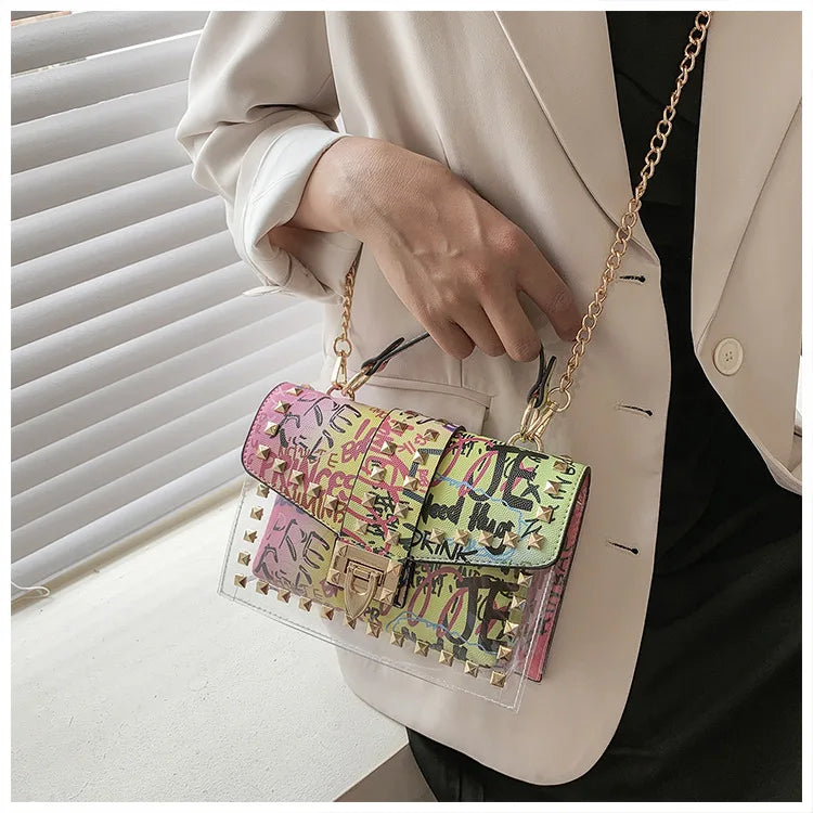Marke Frauen Nieten Graffiti Umhängetaschen Mode Schultertasche für Damen Weibliche Luxus Designer Handtaschen 2023 Hohe Qualität