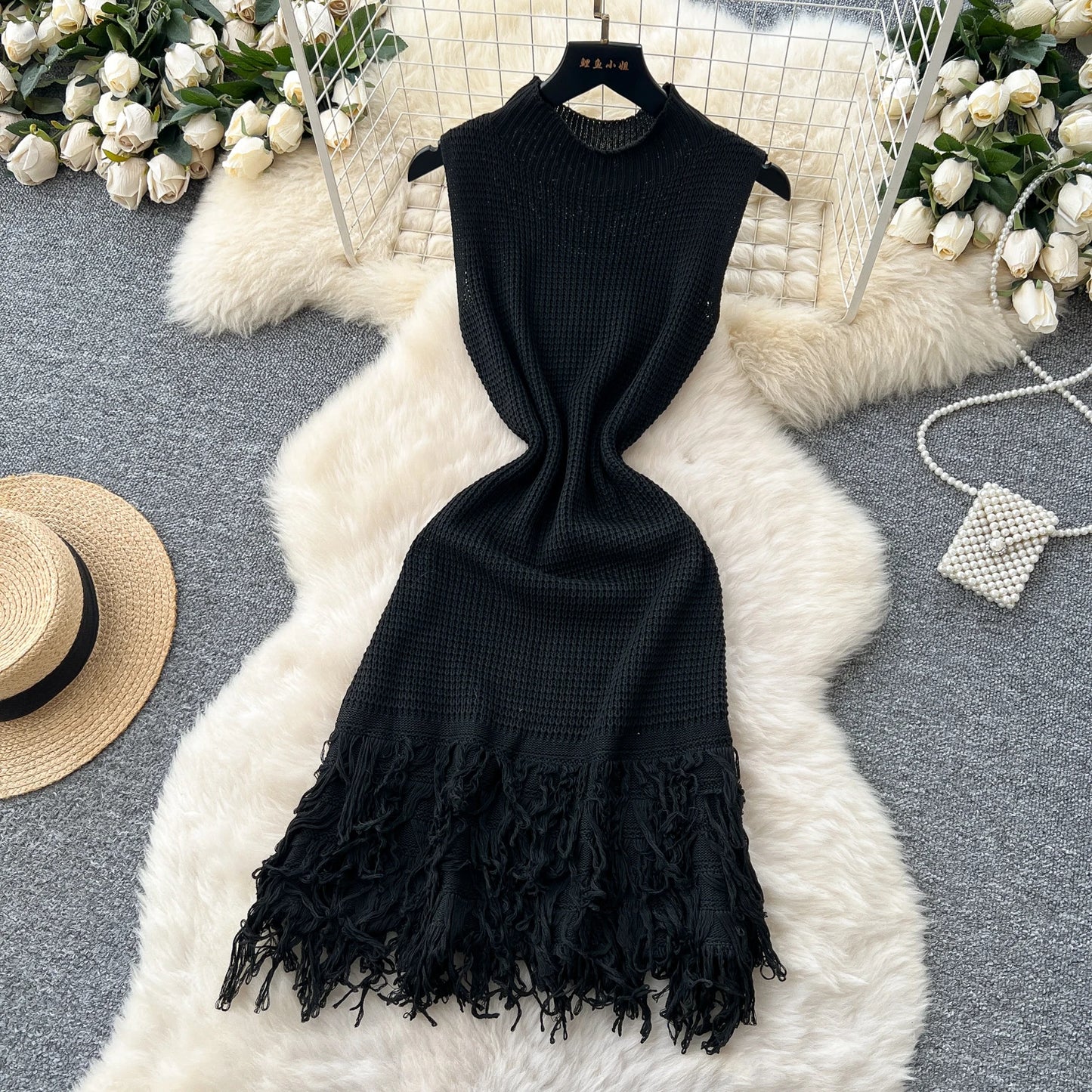 Chic Elastic Knit tassel O Neck Women Elegant Korean Fashion Vestidos Summer A-line Wrap mini dress