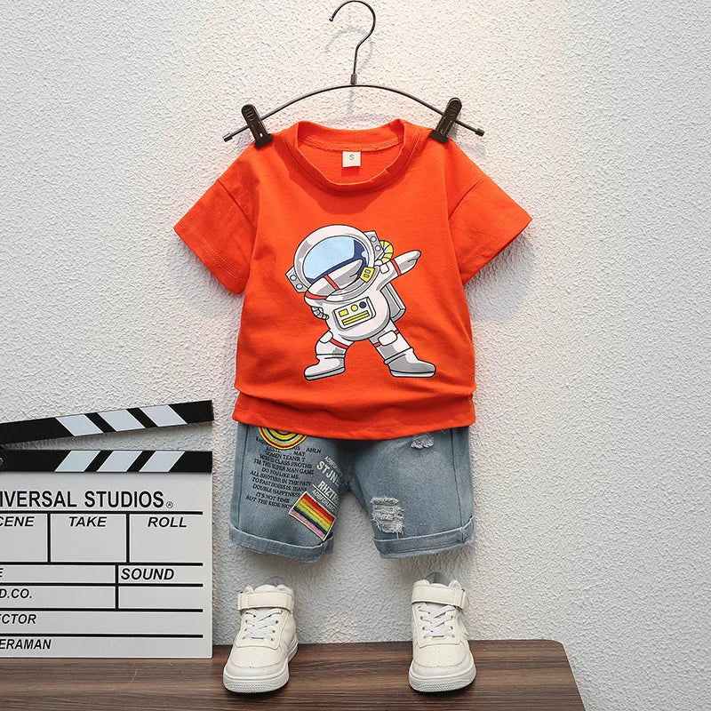 Baby clothes summer children's cartoon short sleeved set boys aged 0-5 solid color T-shirt denim shorts two-piece casual sportsw