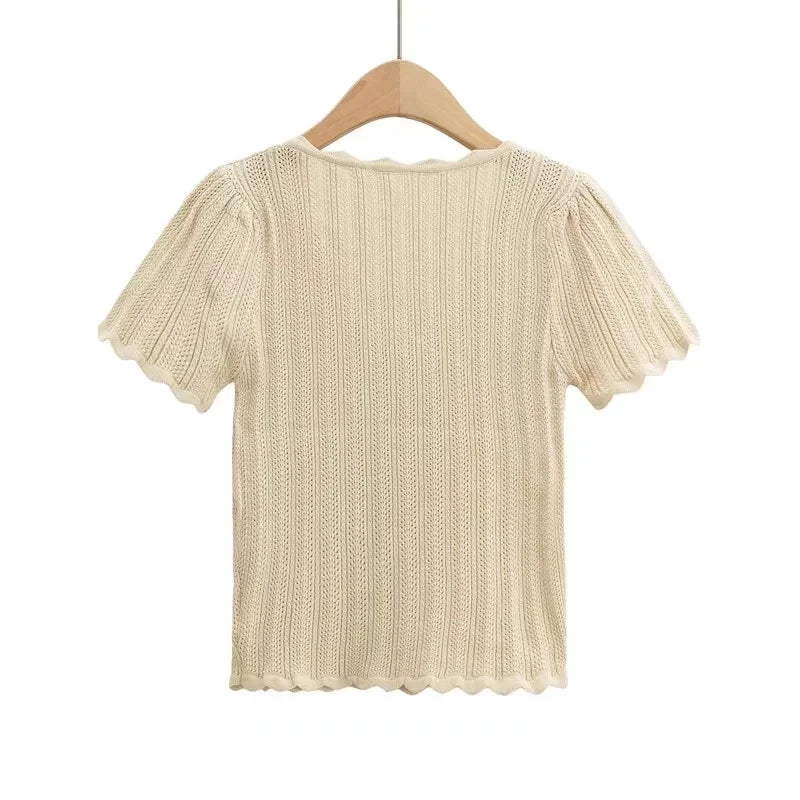 Damen V-Ausschnitt gestricktes Häkel-T-Shirt mit
