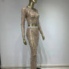 Festival-Outfit Damen High-End-Mode Nude-farbenes Strass-Mesh-Langarm-Crop-Top mit Rundhalsausschnitt und lange Röcke Gala zweiteiliges Set