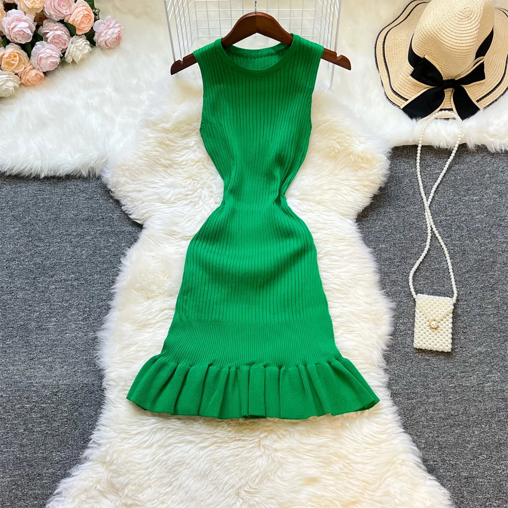 YuooMuoo Chic Fashion Sexy Package Hips Ruffled Mini Dress Women Summer Slim Elastic Knitted Party Dress Streetwear Lady Outfits