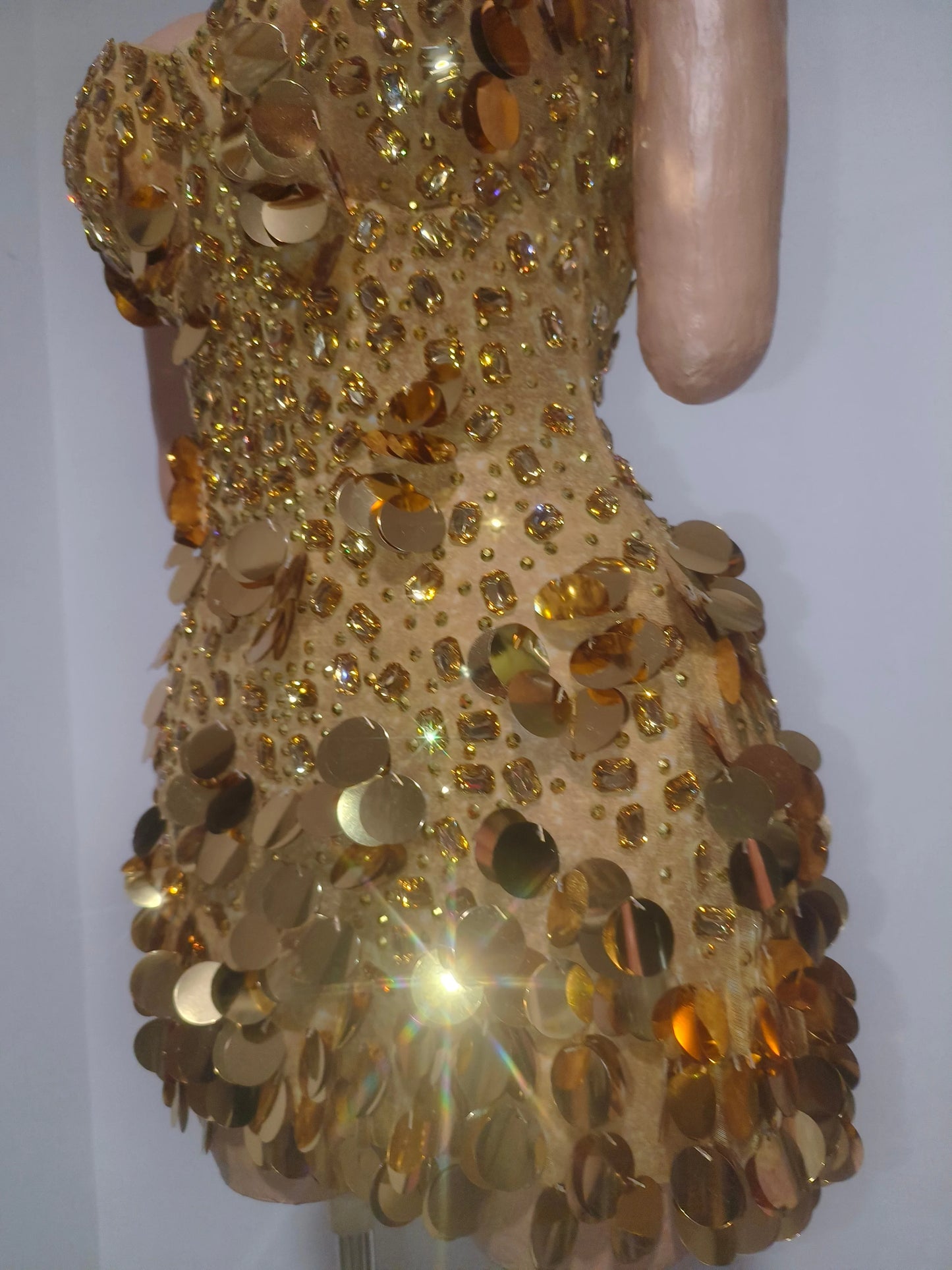 Sparkly Gold Rhinestone Sequins Sexy Strapless Mesh See Through Mini Dress Women Eveing Birthday Party Nightclub Stage Costume