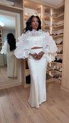 White Pleated Ruffle Crop Top Women Oversized Fan Sleeve Stand Collar Elegant Formal Evening Party Blouse