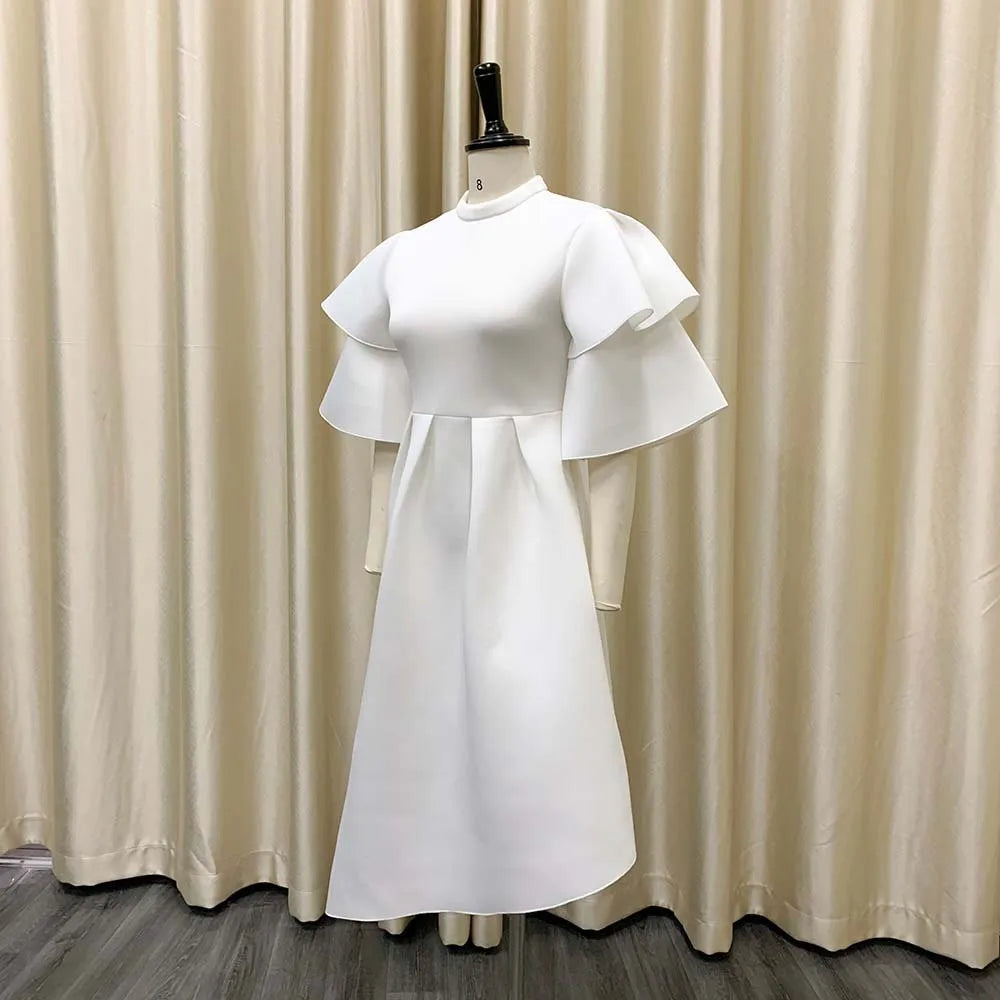 Elegant Party Dresses for Woman 2024 New O Neck Ruffles Sleeve High Waisted Asymmetric Mid Calf Luxury Birthday Dinner Vestidos