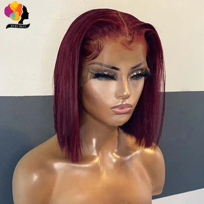 Burgunderrote Bob Perücke Lace Front Echthaarperücken vorgezupft 99J Rotblond gefärbt glatte Echthaarperücken 13x1 Lace Front Perücke