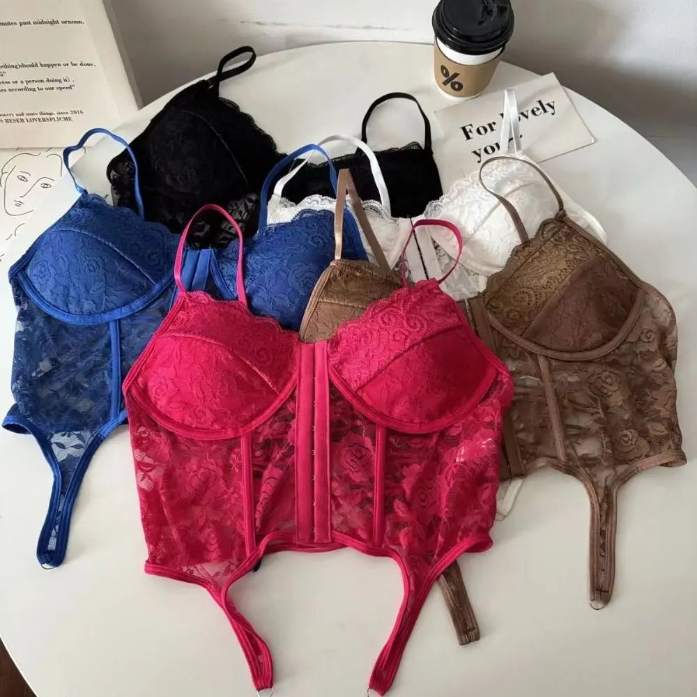 V-Neck Sexy Lace Corset Top Slim Fit Push Up Hollow Suspender Vest Adjustable Straps Off Shoulder Breathable Mesh Vest Travel
