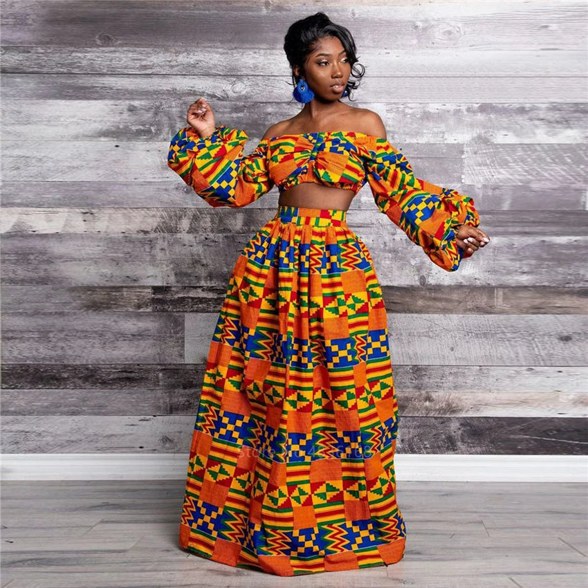 Afrikanische Kleider für Damen, Herbst, 2-teiliges Set, Damen, lange Ärmel, schulterfrei, mit Feder-Dashiki-Print, geteilte Röcke, afrikanische Kleidung