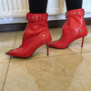 Gürtelschnalle Reißverschluss vorne Modenschau Stiefeletten Damen Herbst Winter Neu Spitz Metallverzierung Rote High Heels Ankle Boots