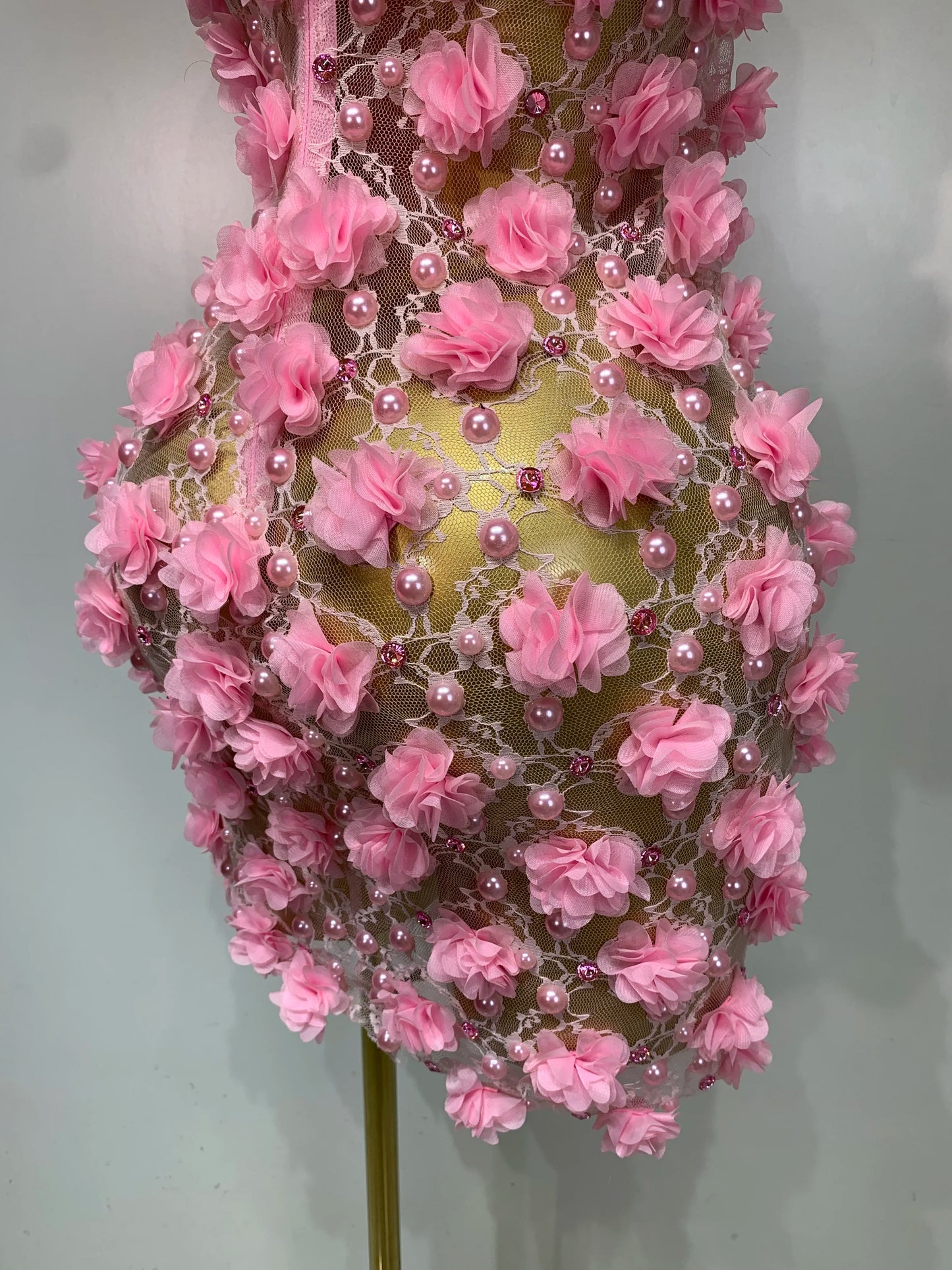 Women Luxury Pink Flowers Pearls Lace See Through Bodycon Mini Dress Birthday Photoshoot Evening Party Nightclub Stage Costume
