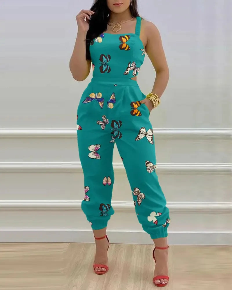 Eleganter Damen Overall 2024 Sommer Mode Träger Hohl Sexy Off-Taille Bedruckter Jumpsuit