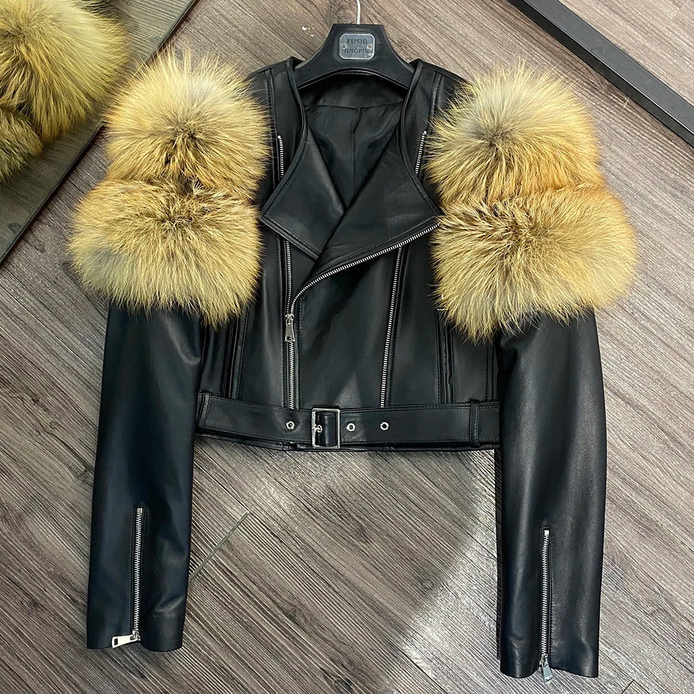 GO BALLISTIC YA Ladies' Genuine Leather Jacket with Fur Sleeve Women's Natural Lambskin Outfit