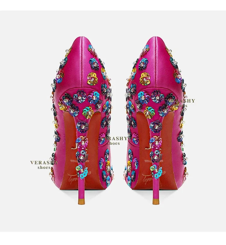 2025 Spring New High Heels Women's Embroidered Beaded Black Sexy Queen's Heel 10-12cm Pointed
