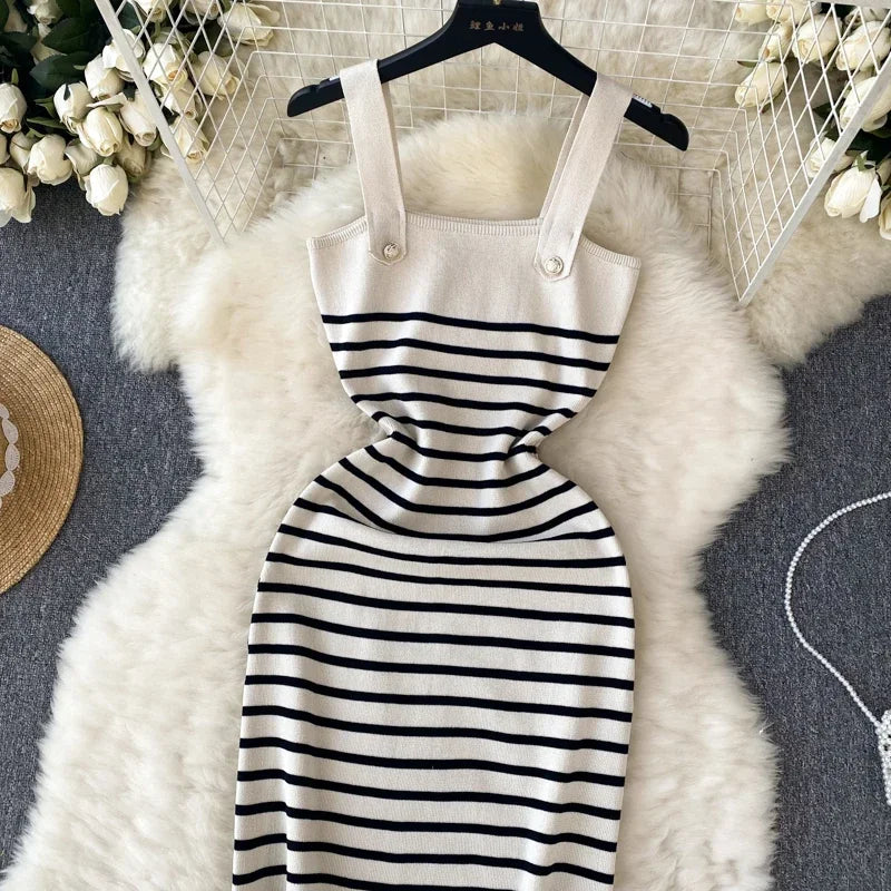 Striple 2024 Sexy Summer Knit Strap Dress Women Tank Elatic Waist Bodycon Sundress Female Beach  Backless Midi Dress