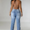 Women's Destroyed Ripped Hole Denim Pants Pearl Rhinestones Chain Distressed Slim Fit Skinny Jeans Y2K Night Club Party Jeans