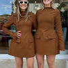 Dulzura Langarm Reißverschluss Bodycon Minikleid mit Taschen Einfarbig Elegantes Outfit Büro Streetwear Damen Herbst Winter Kleidung