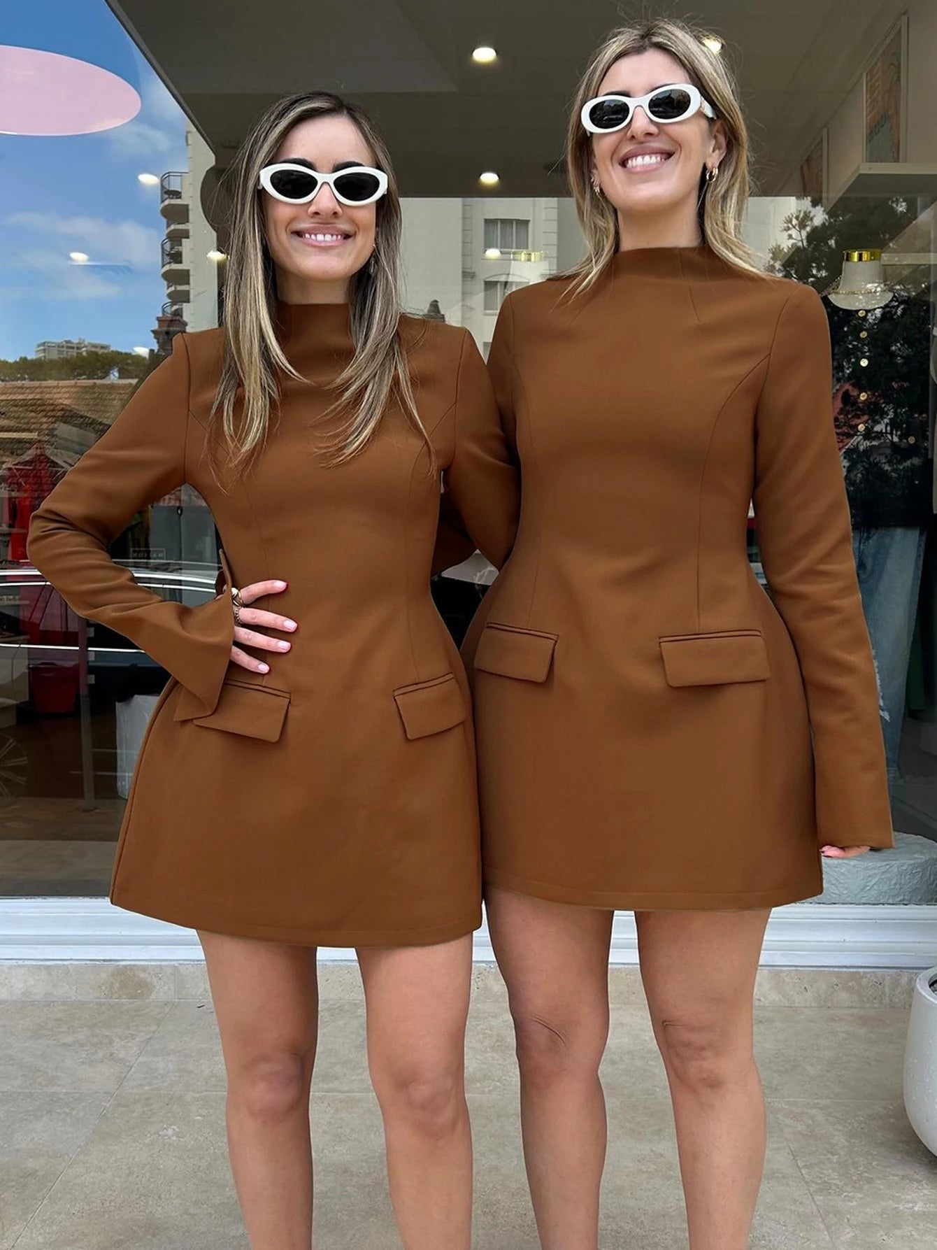 Dulzura Langarm Reißverschluss Bodycon Minikleid mit Taschen Einfarbig Elegantes Outfit Büro Streetwear Damen Herbst Winter Kleidung