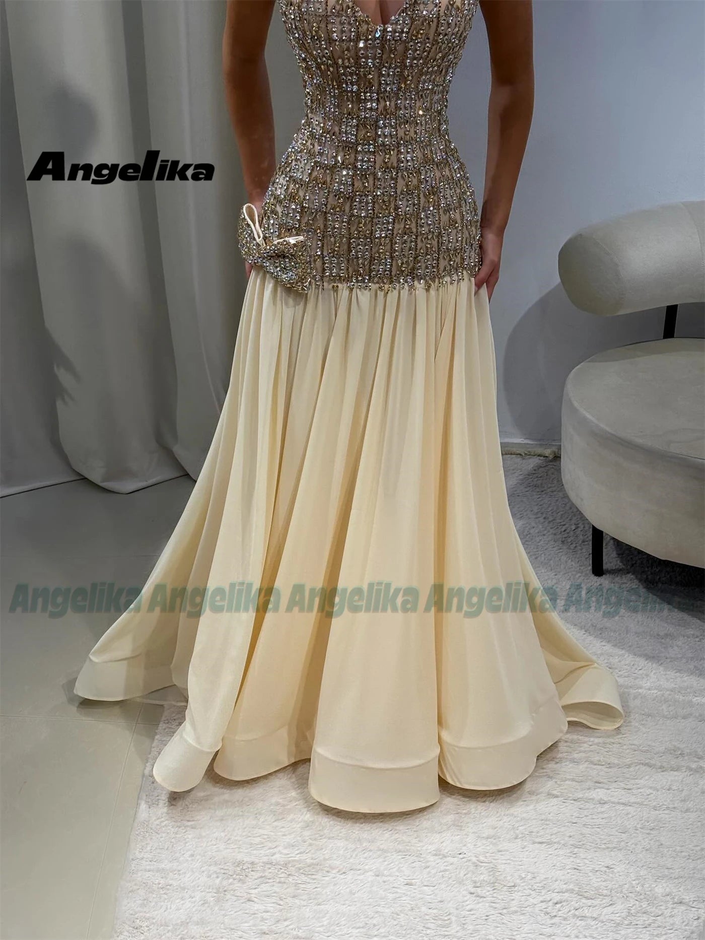 Angelika Exquisite A-line Evening Dresses for Women Rhinestones Pleated Bow Graduation Party Gowns Vestido de Gala Customized