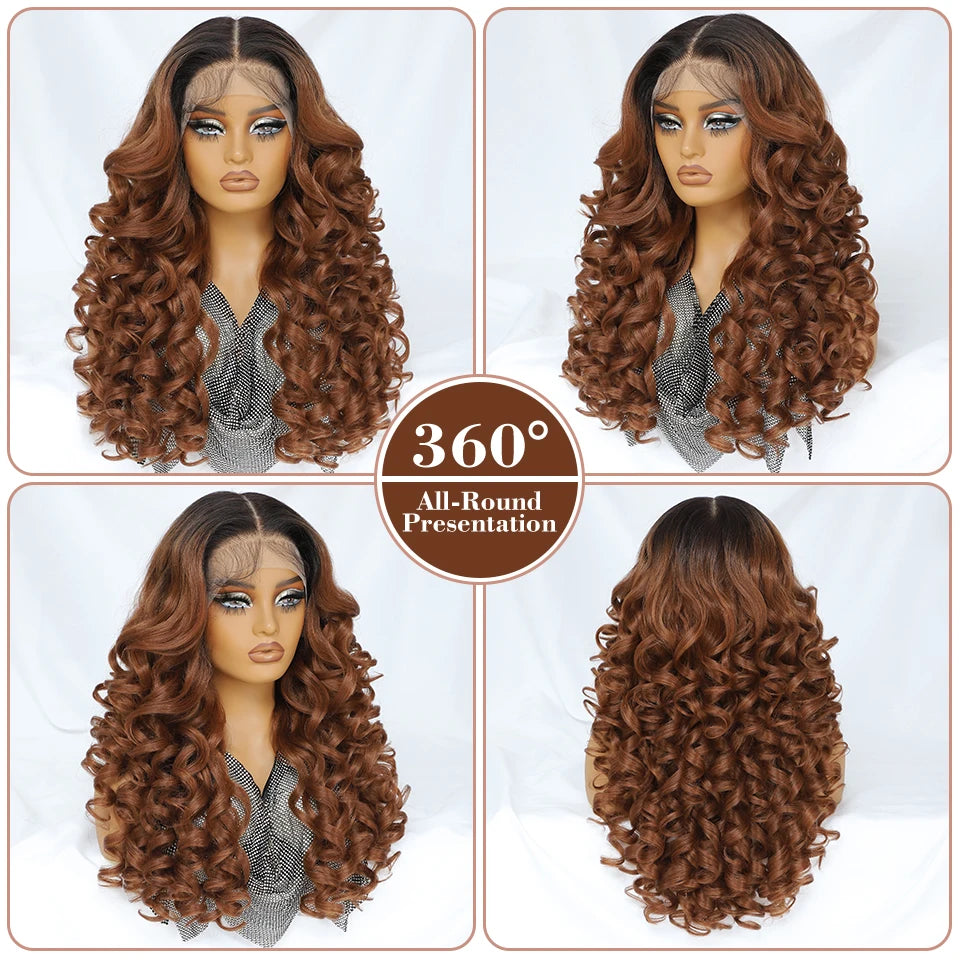 Latisha 13X6 HD Synthetische Spitzenfrontperücke lockig vorgezupfte Lace-Frontal-Perücke mit Pony für Damen, Highlights mit Babyhaar, 24 Zoll