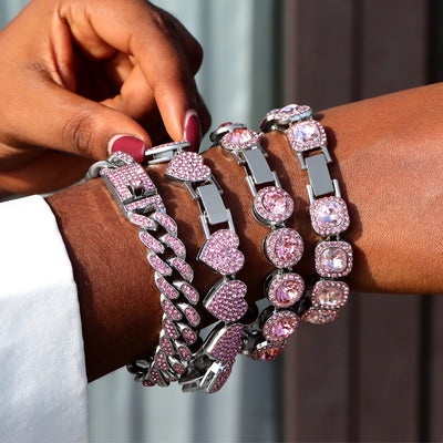 Iced Out Pink Cuban Armband für Frauen Hip Hop Gold Silber Farbe Kristall Herz Kreis Quadrat Armband 4Pcs Set Schmuck Geschenk
