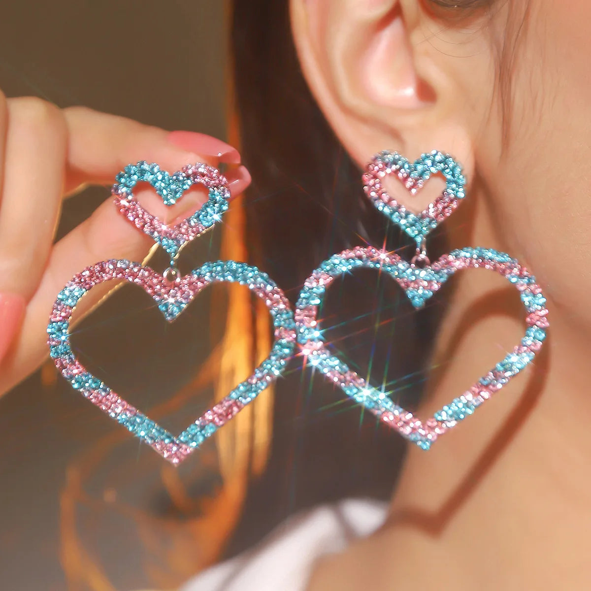 FYUAN Pink Black Heart Rhinestone Drop Earrings for Women Geometric Crystal Dangle Earrings Party Jewelry