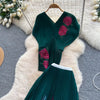 Two Pieces Women Dress Sets Solid Matching Sets V Neck Printing Top High Waist Pleat Dress Loose Fit Casual 2025 Autumn Winter