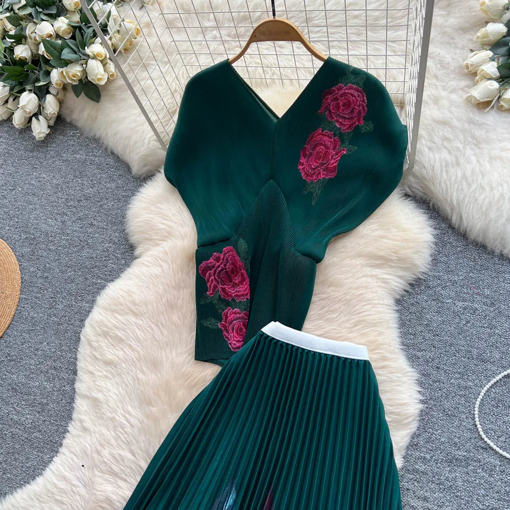 Two Pieces Women Dress Sets Solid Matching Sets V Neck Printing Top High Waist Pleat Dress Loose Fit Casual 2025 Autumn Winter