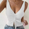 New Summer Women Drawstring Front Ribbed Knit Tops Femme Sexy V Neck Sleeveless Crop Top Clothes High Stretch Split Cropped Tank